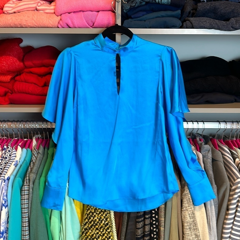 River Island turquoise draped shoulder long sleeve blouse size 6/US 2 NWT